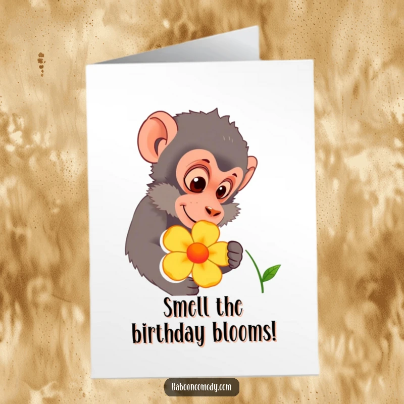 Funny Free Printable Baboon Birthday Card: A baboon curiously examines a vibrant flower, bringing a touch of jungle wonder to birthday wishes.