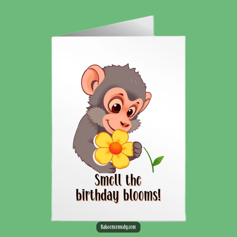Free Printable Baboon Flower Birthday Card: Curious Bloom Downloadable Gift for Joy
