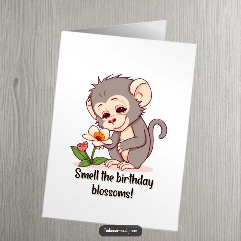Funny Free Printable Baboon Flower Birthday Card: A curious baboon examines a strange flower with delight.