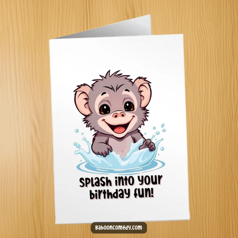 Funny Free Printable Birthday Card: A kawaii baboon with a big smile playfully splashing water.