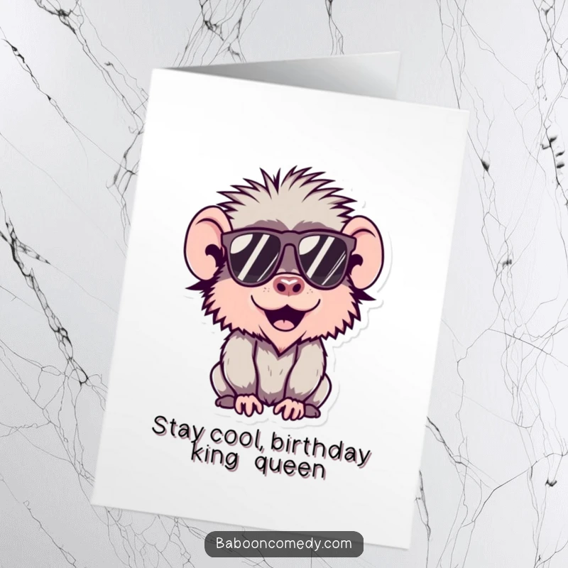 Funny Free Printable Birthday Card of a cool kawaii baboon wearing dark sunglasses, looking effortlessly stylish.