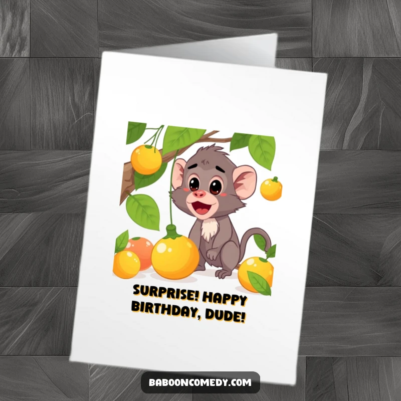 Funny Free Printable Baboon Birthday Card: Baboon looks surprised as fruit falls from above. Hilarious downloadable.