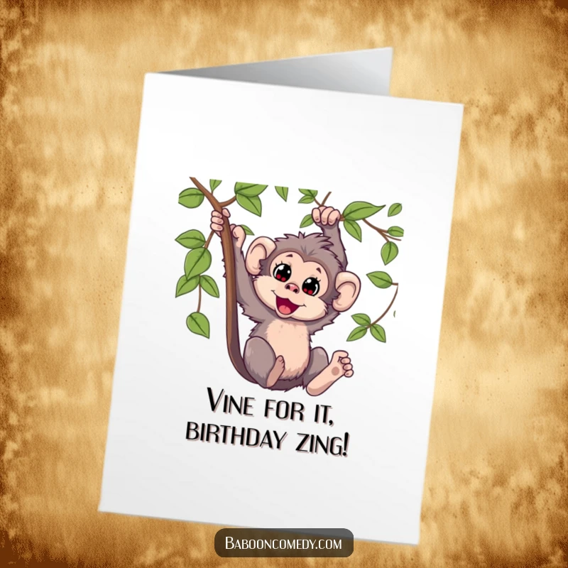 Funny Free Printable Birthday Card: Excited Kawaii baboon swinging wildly from a vine, eyes wide with pure bliss.