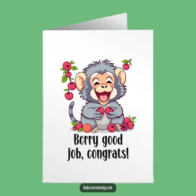 Free Printable Funny Baboon Congrats Card: Berry Sharing Success, Perfect Downloadable Gift