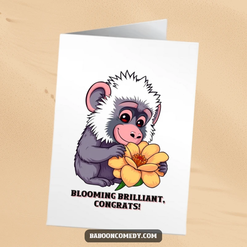Funny Free Printable Congratulations Card: Kawaii baboon with a soft smile curiously examining a giant, colorful flower, signifying new beginnings and beauty.
