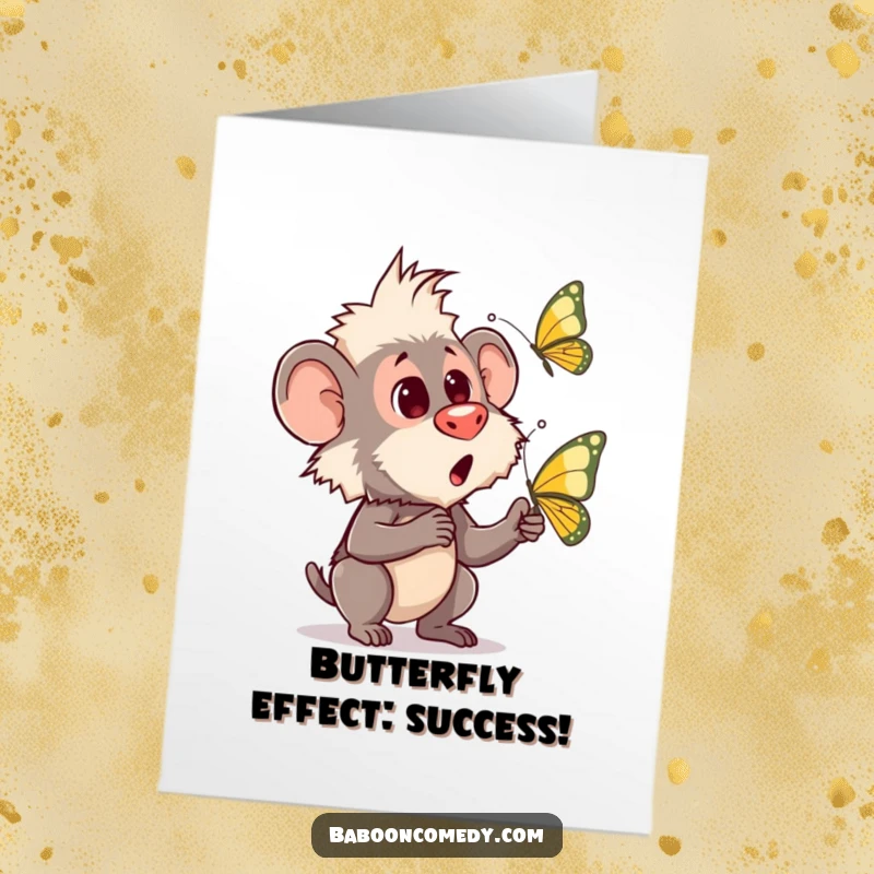 Funny Free Printable Congratulations Card: A baboon's eyes widen in surprise at the sight of a beautiful butterfly fluttering nearby.