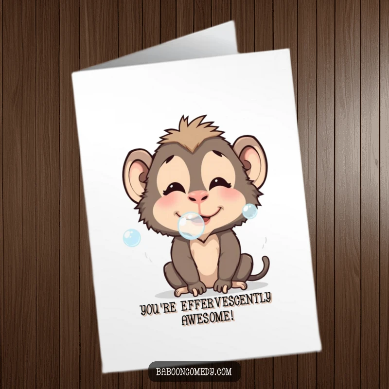 Funny Free Printable Baboon Congrats Card: Baboon's cheeks puffed, blowing shiny bubbles to celebrate. Downloadable.