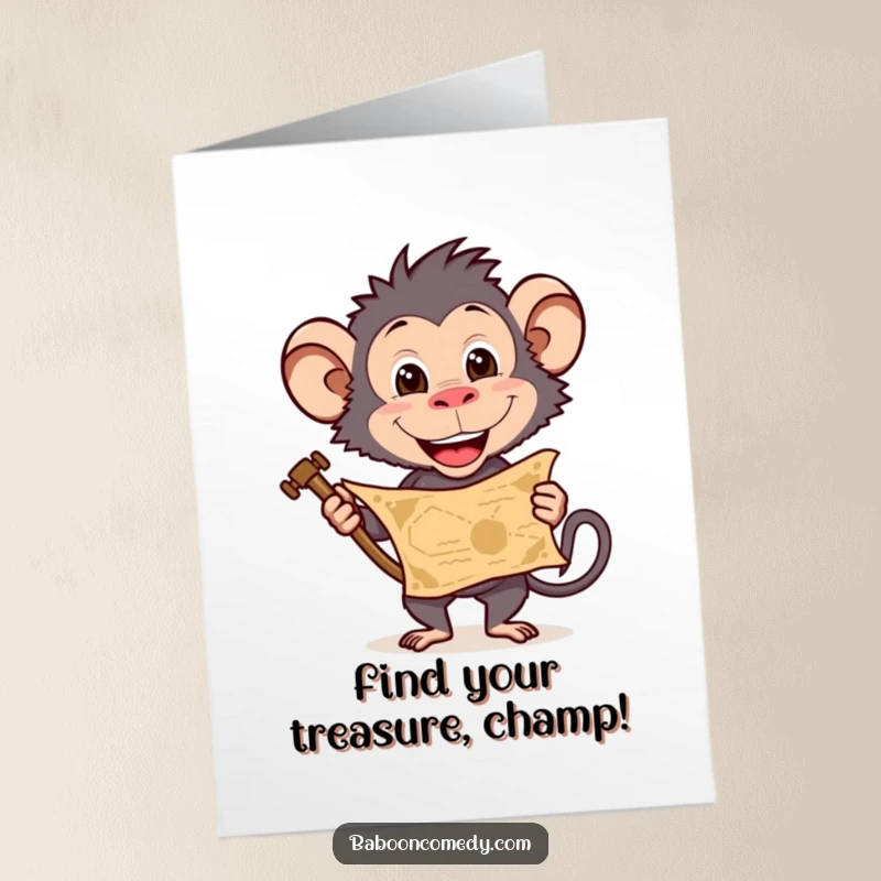 Funny Free Printable Baboon Congrats Card: Baboon grinning, holding a treasure map, celebrating achievement. Downloadable.