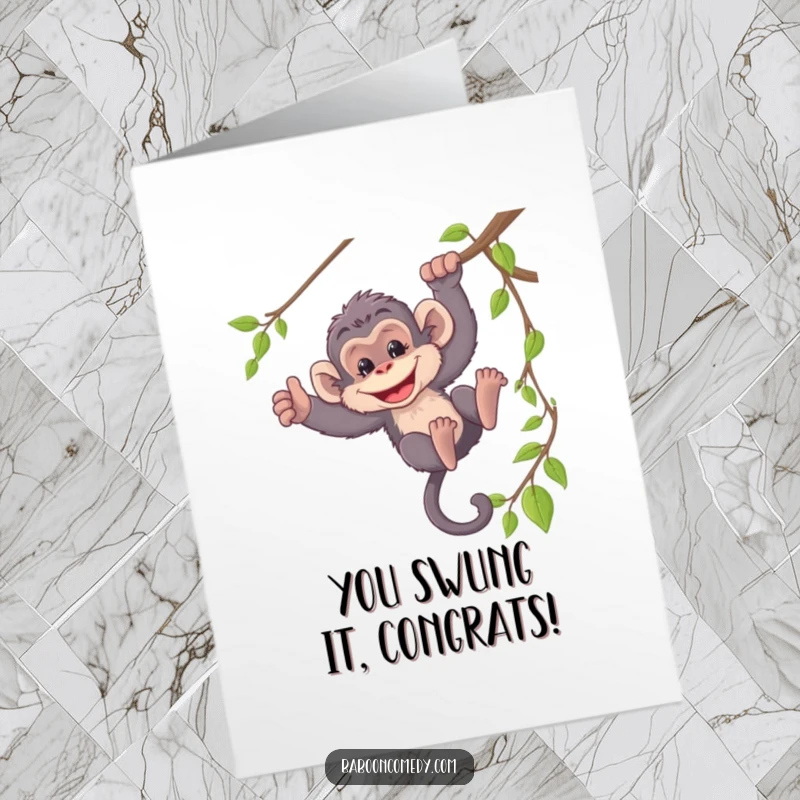 Funny Free Printable baboon card announcing congratulations, swinging from a vine with a mischievous grin in the jungle.