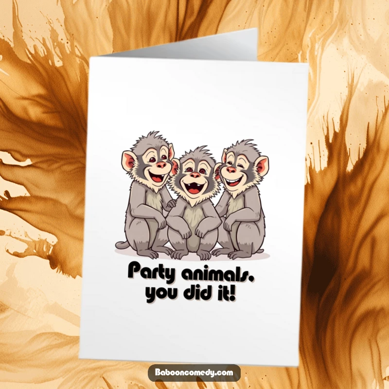Funny Free Printable Congratulations Card: A happy group of baboons chattering and laughing together in celebration.