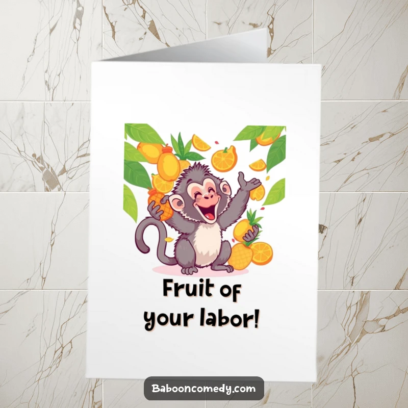 Funny Free Printable Congratulations Card: Kawaii baboon gleefully juggling exotic fruits, catching them with a grin, celebrating a sweet victory.