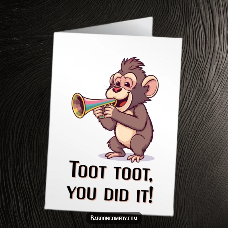 Funny Free Printable Congratulations Card: A baboon ecstatically blows a large, colorful trumpet to celebrate.