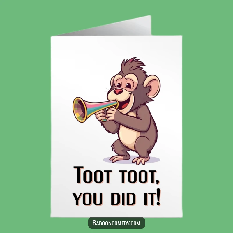 Free Printable Congrats Card: Baboon Trumpet Celebration Funny Downloadable