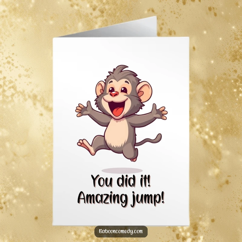 Funny Free Printable Congrats Card: Kawaii baboon mid-leap, mouth agape, radiating ecstatic congratulatory energy.
