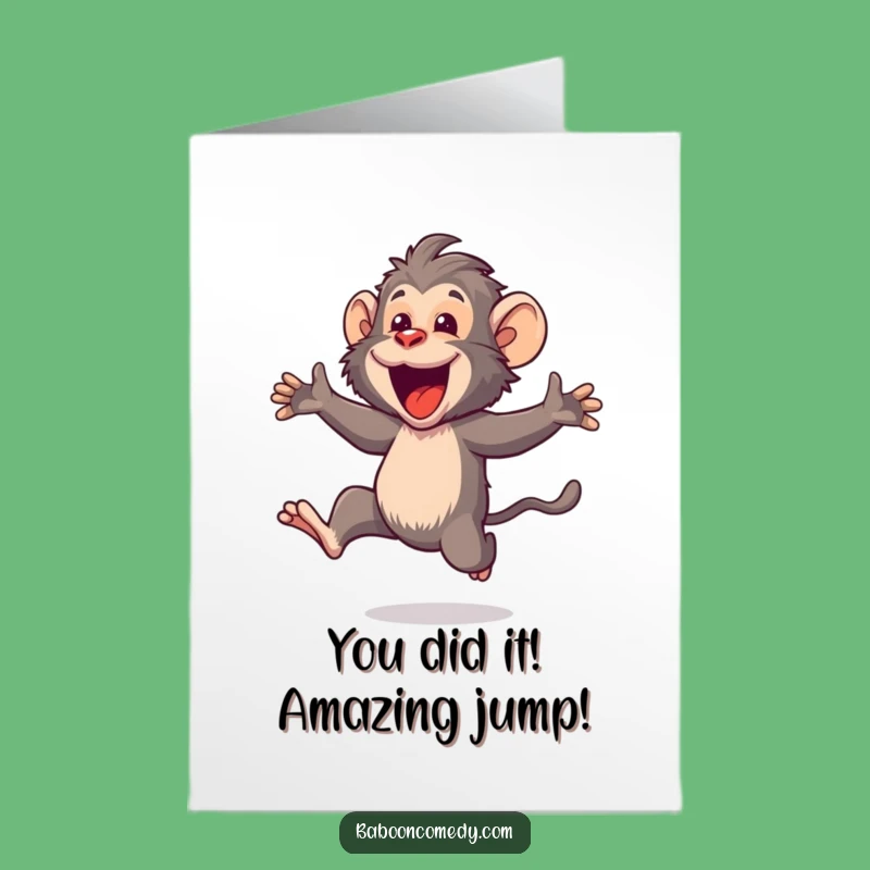 Free Printable Congrats Card: Joyful Kawaii Baboon Leaping, Funny Downloadable Celebration Gift