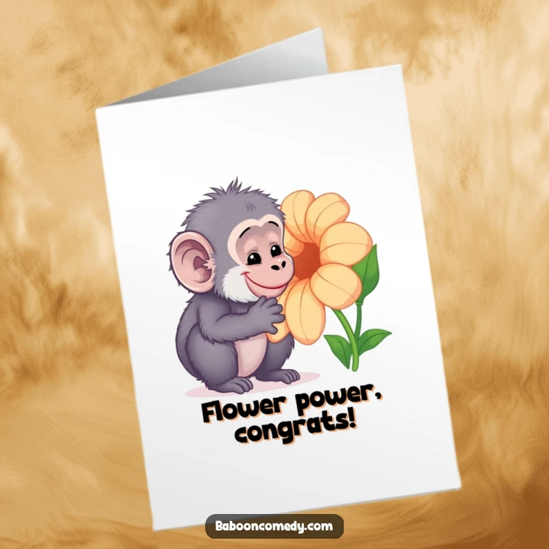 Funny Free Printable Congratulations Card: Happy Kawaii baboon admiring a huge, colorful flower, symbolizing growth and beauty.
