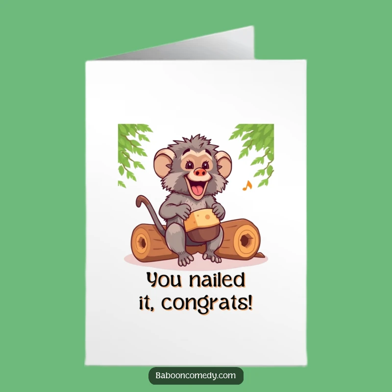 Free Printable Congratulations Card: Kawaii Baboon's Rhythmic Drumming for Your Big Win!