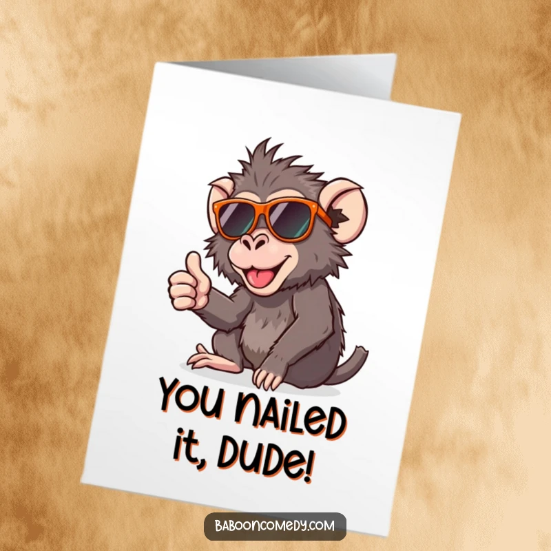 Funny Free Printable Baboon Congratulations Card: A cool baboon in sunglasses gives a confident thumbs up gesture.