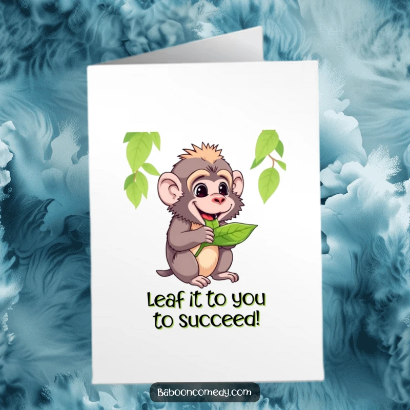 Funny Free Printable Congratulations Card: A happy baboon is blissfully chewing on a tasty leaf, savoring a moment of success.