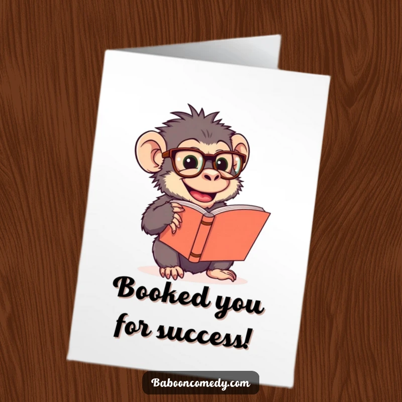 Funny Free Printable Congrats Card: Giggling baboon in huge glasses, deep in thought while reading a large tome.