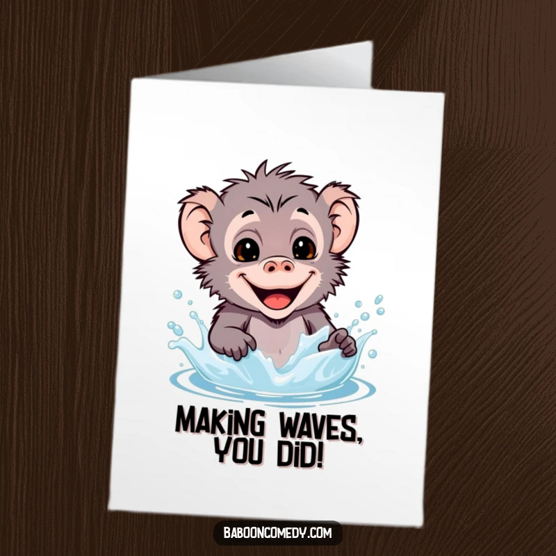 Funny Free Printable Congratulations Card: A happy kawaii baboon with a wide grin splashing water.