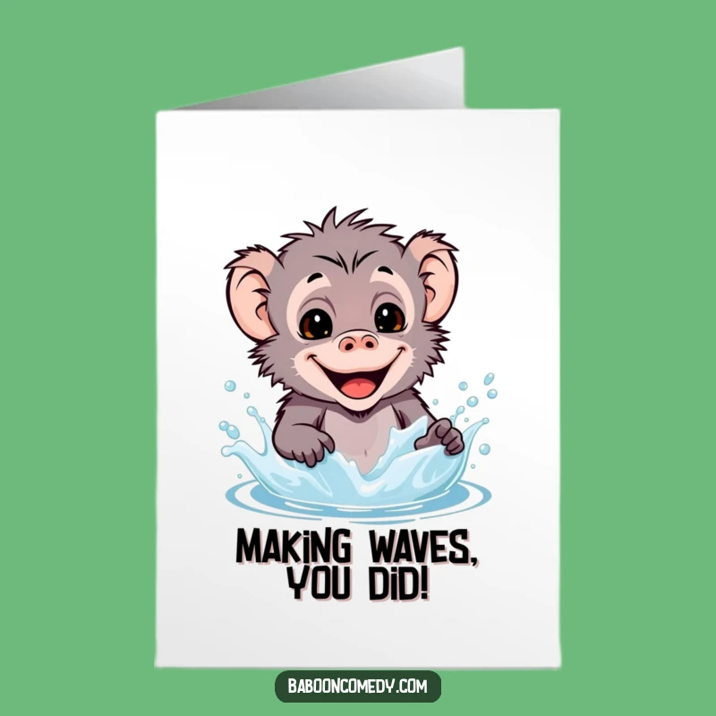 Free Printable Kawaii Baboon Congrats Card: Splashy Success - Downloadable Celebration Art
