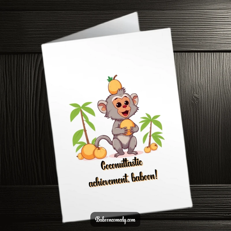 Funny Free Printable Congratulations Card: A determined kawaii baboon with coconuts stacked precariously on its head.