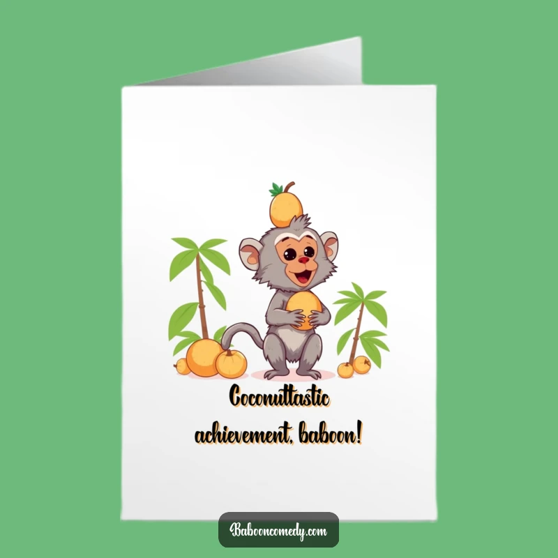 Free Printable Kawaii Baboon Congratulations Card: Coconut Stacking Success - Downloadable Joy