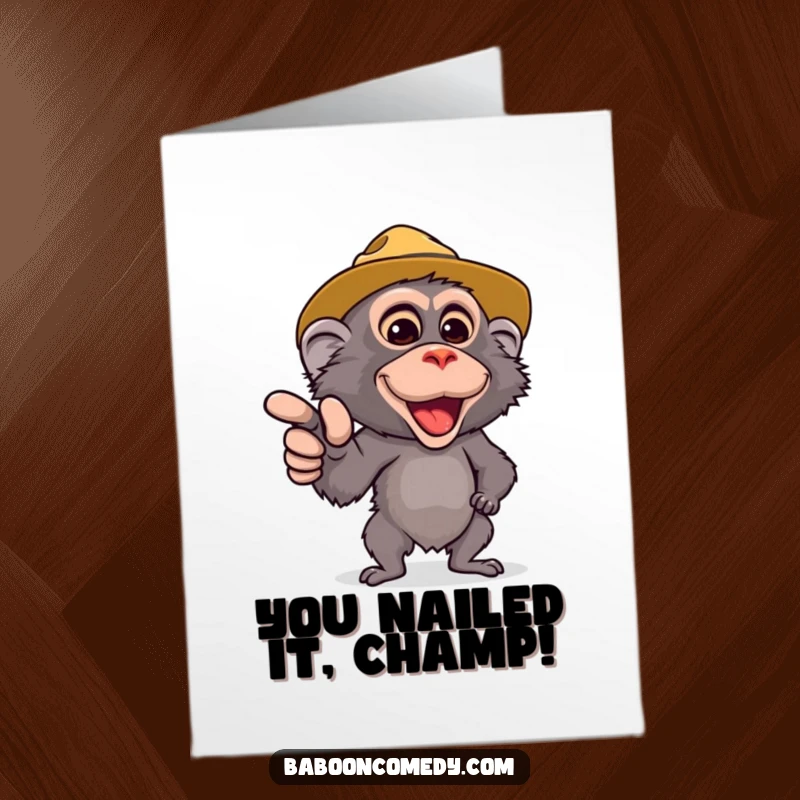 Funny Free Printable Congratulations Card: Excited safari baboon in hat, celebrating achievements with joy.