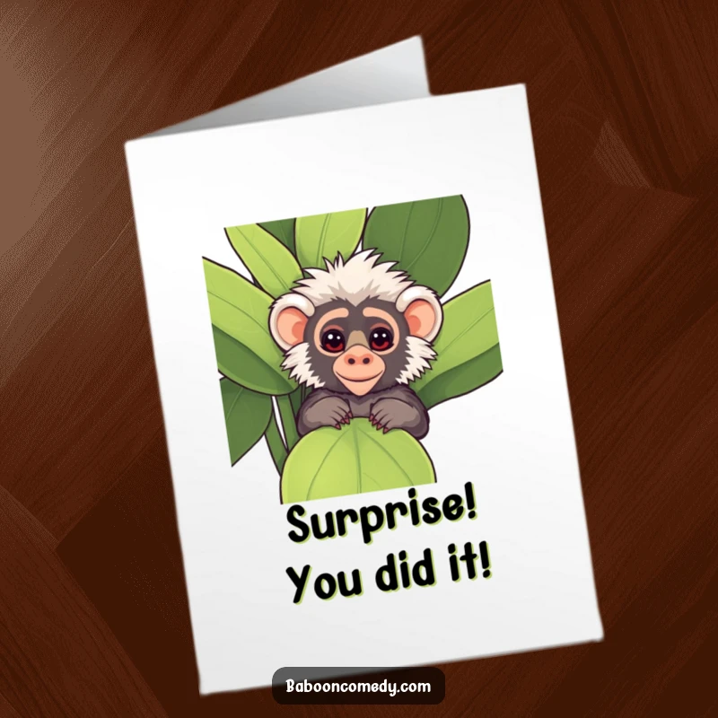 Funny Free Printable Congrats Card: A kawaii baboon with sly eyes peeks out from a lush green plant, celebrating good news.