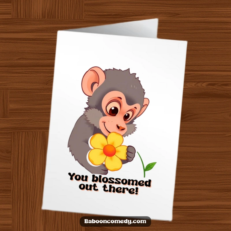 Funny Free Printable Baboon Congratulations Card: A baboon curiously inspects a colorful flower, symbolizing growth and new beginnings.