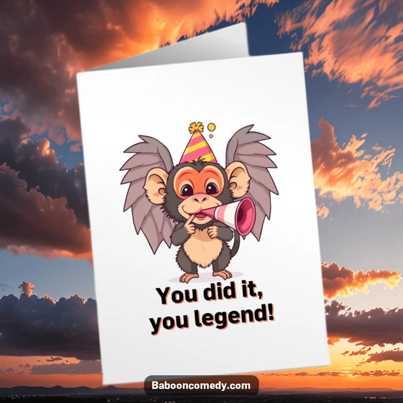 Funny Free Printable Baboon Congrats Card: Jubilant baboon in party hat blows noisemaker, celebrating success. Downloadable.