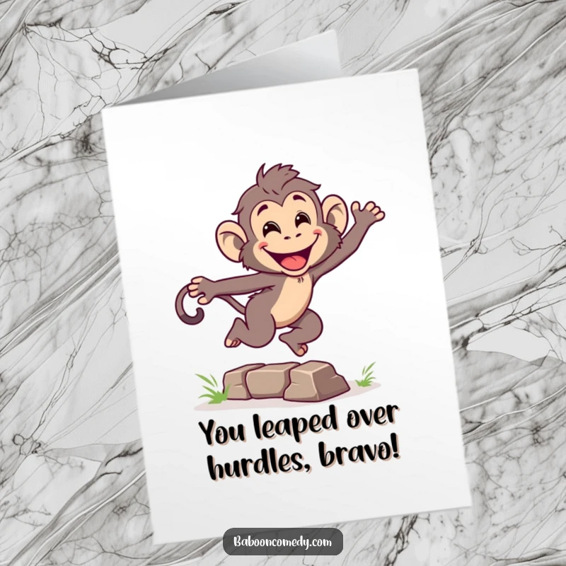 Funny Free Printable Congratulations Card: Baboon energetically leaping over a small obstacle, symbolizing overcoming challenges.