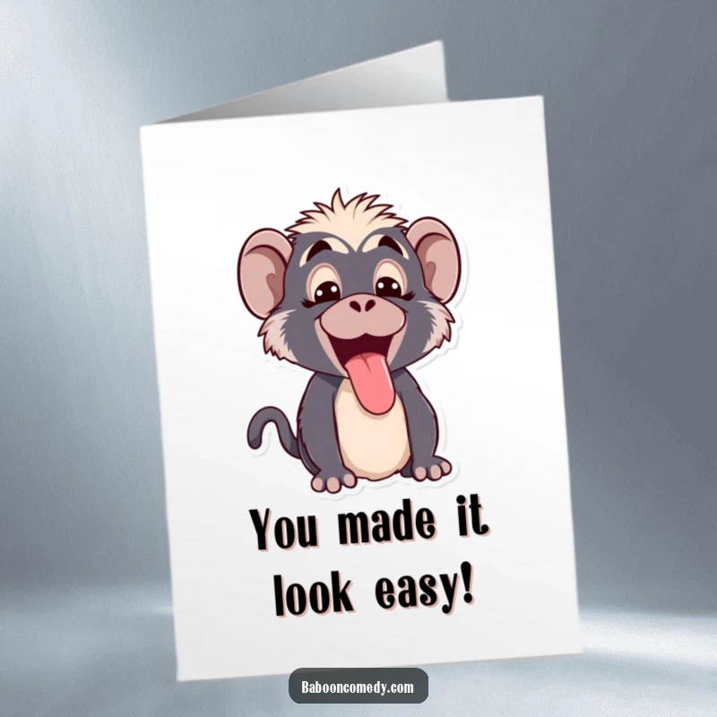 Funny Free Printable Congrats Card: Kawaii baboon with a silly expression, tongue lolling out in a cheeky manner.
