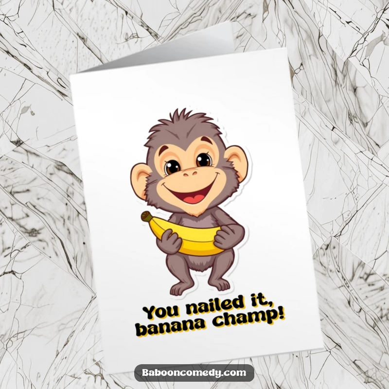 Funny Free Printable Baboon Congratulations Card: A baboon smirks with a banana, celebrating your big win with cheeky delight.
