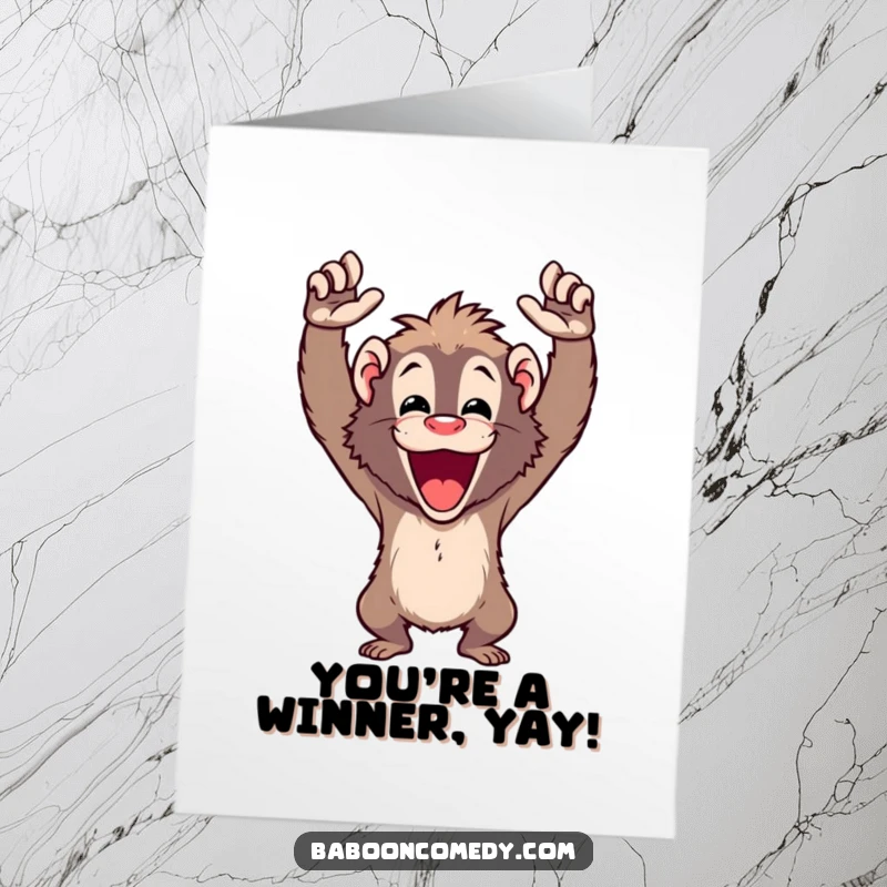 Funny Free Printable Congratulations Card showing a baboon raising both arms high, cheering enthusiastically for success.