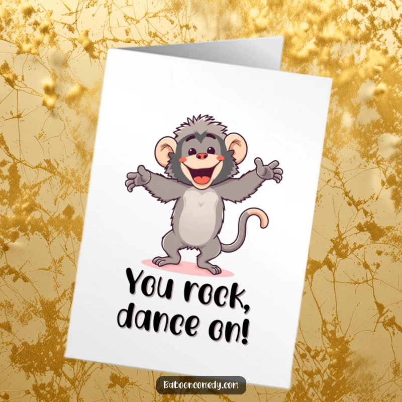Funny Free Printable Congratulations Card: Kawaii baboon performing a hilarious, high-energy dance with arms in constant motion and a huge, celebratory grin.
