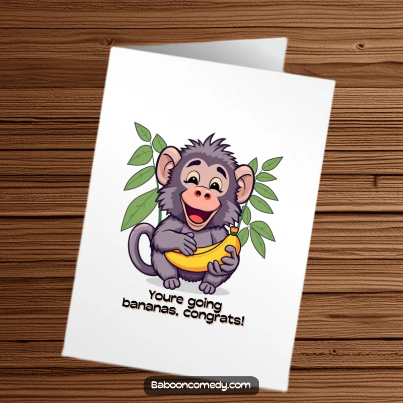 Funny Free Printable Congrats Card: A kawaii baboon excitedly shares a big bunch of bananas with an open, friendly palm.