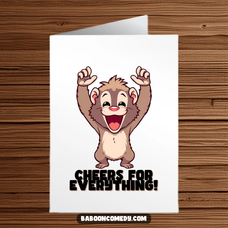 Funny Free Printable Thank You Card of a baboon cheering with both arms raised high, expressing heartfelt thanks.