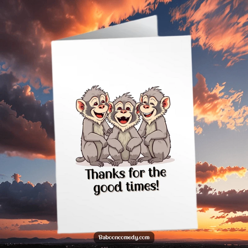 Funny Free Printable Thank You Card: Group of baboons chattering and laughing, sharing cheerful thanks.