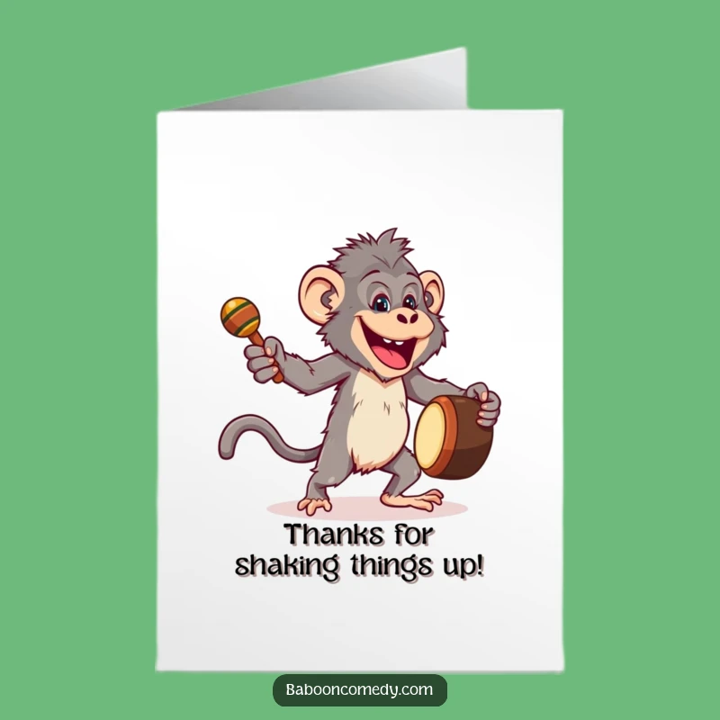 Free Printable Baboon Thank You Card: Dancing Gratitude, Drum & Maracas Gift