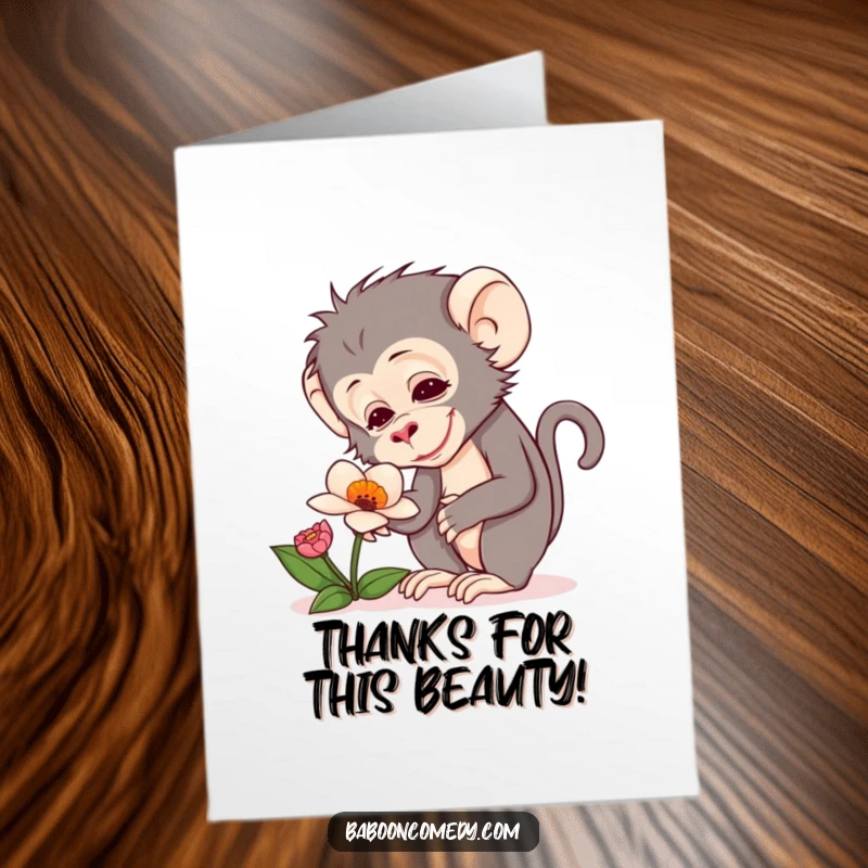 Funny Free Printable Baboon Flower Thank You Card: A curious baboon examines a strange flower with delight.