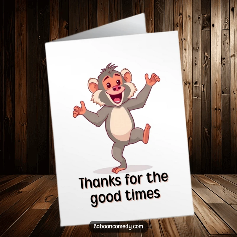 Funny Free Printable Thank You Card: An energetic kawaii baboon is enthusiastically doing a silly dance on its hind legs.