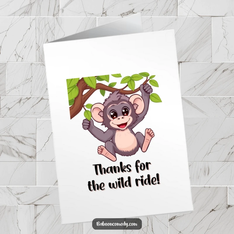 Funny Free Printable Baboon Swinging Thank You Card: A baboon with wide eyes joyfully swings from a vine.