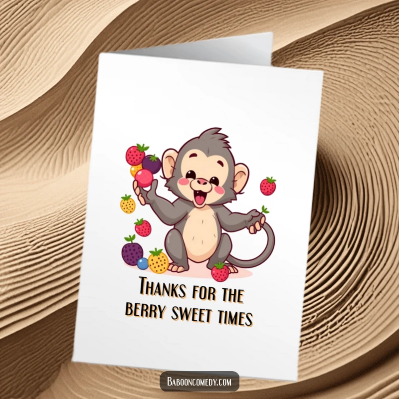 Funny Free Printable Thank You Card: A cute kawaii baboon juggling berries, offering a cheerful expression of thanks.