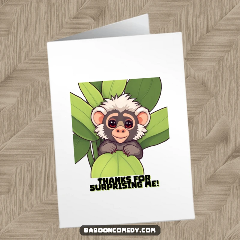 Funny Free Printable Thank You Card: A kawaii baboon with twinkling, mischievous eyes peeks playfully from behind a large plant.