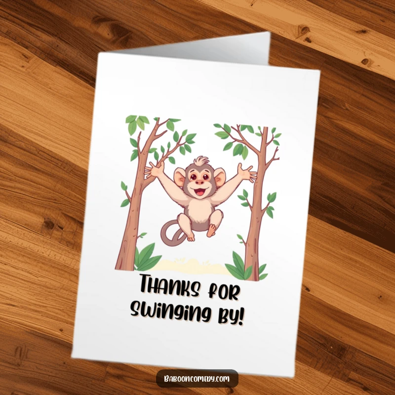 Funny Free Printable Thank You Card: Kawaii baboon with long arms swinging through trees, saying thanks.