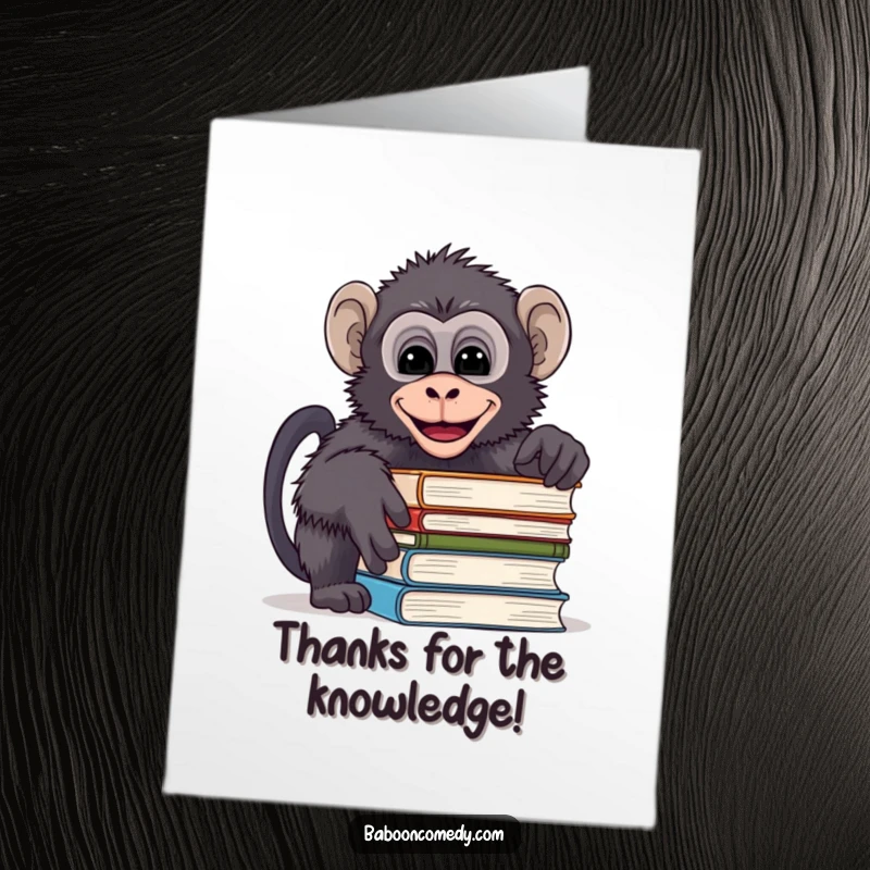 Funny Free Printable Thank You Card: A mischievous baboon peeks over a pile of books, giggling naughtily.