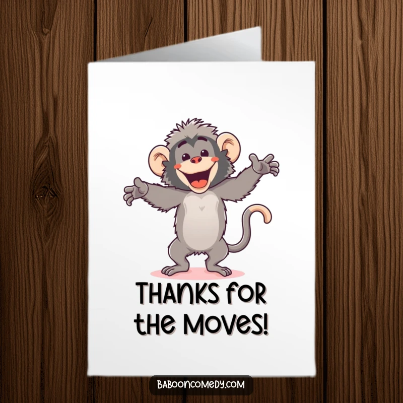 Funny Free Printable Thank You Card: Kawaii baboon doing a silly, energetic dance with flailing arms and a massive grin, expressing thanks.