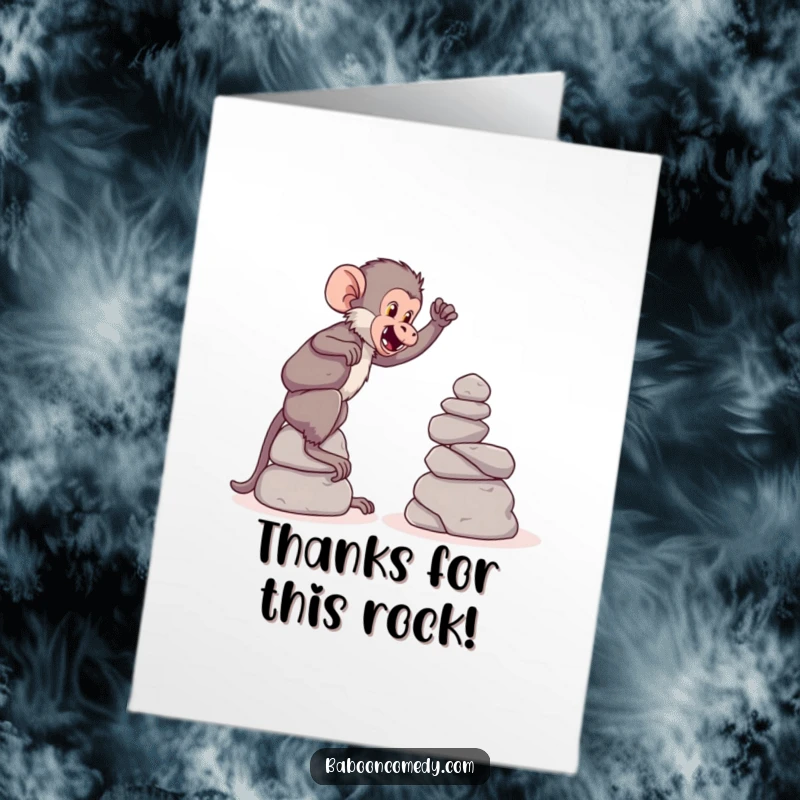 Funny Free Printable Thank You Card: A baboon is actively building a tower of large, round stones with concentration.